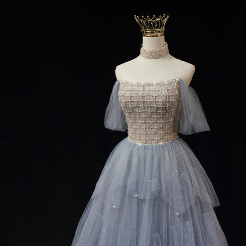 Light Blue Tulle Ball Gown Wedding Dress - Off-Shoulder Wedding Dress - Beaded Corset Back Wedding Dress Plus Size